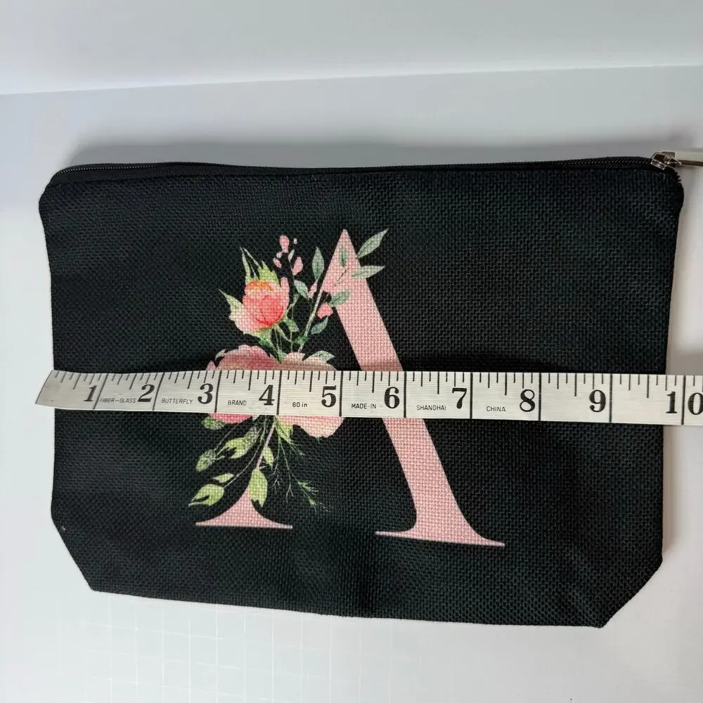Monogram Letter A Makeup Zipper Pouch Black Canvas Cosmetic Bag NEW